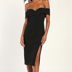 Lulus Hello Romance Black Off-the-Shoulder Bodycon Midi Dress NWT Size Small